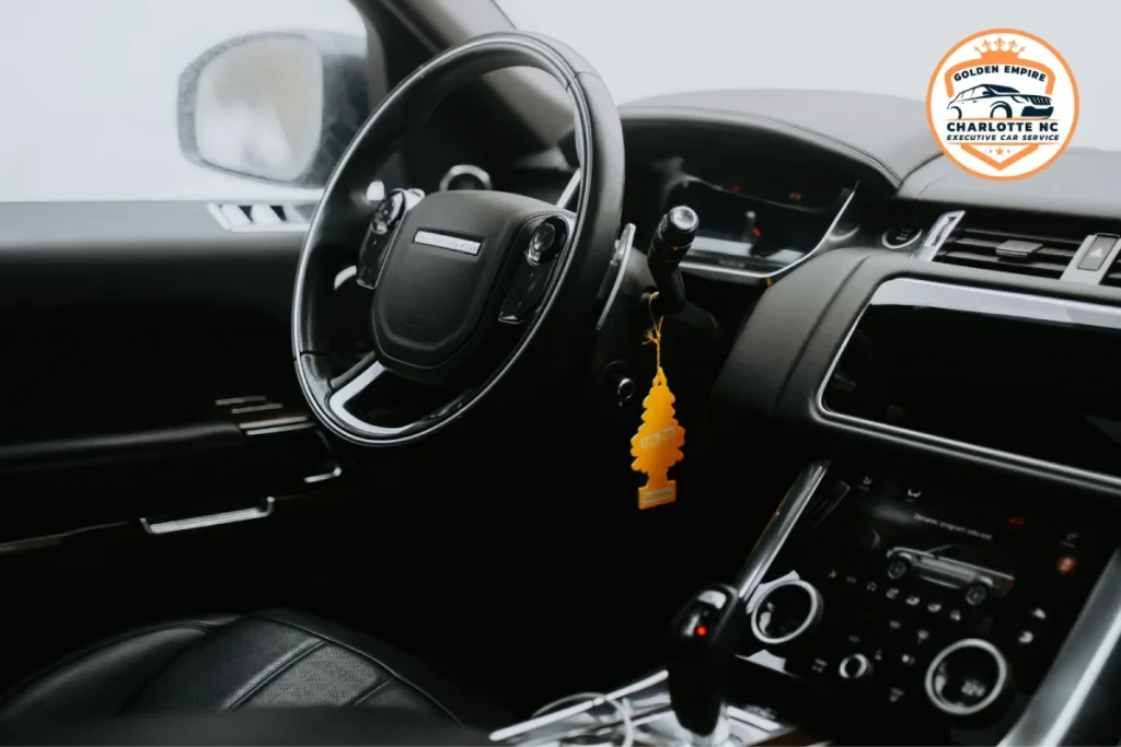 Clean luxury vehicle interior for private concert transportation.